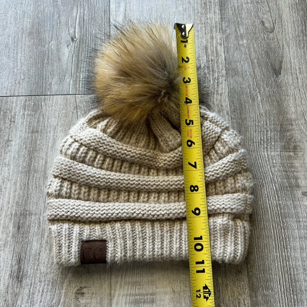 CC Beige Cable Knit Pom Pom Beanie Faux Fur Winter Hat Chunky OS